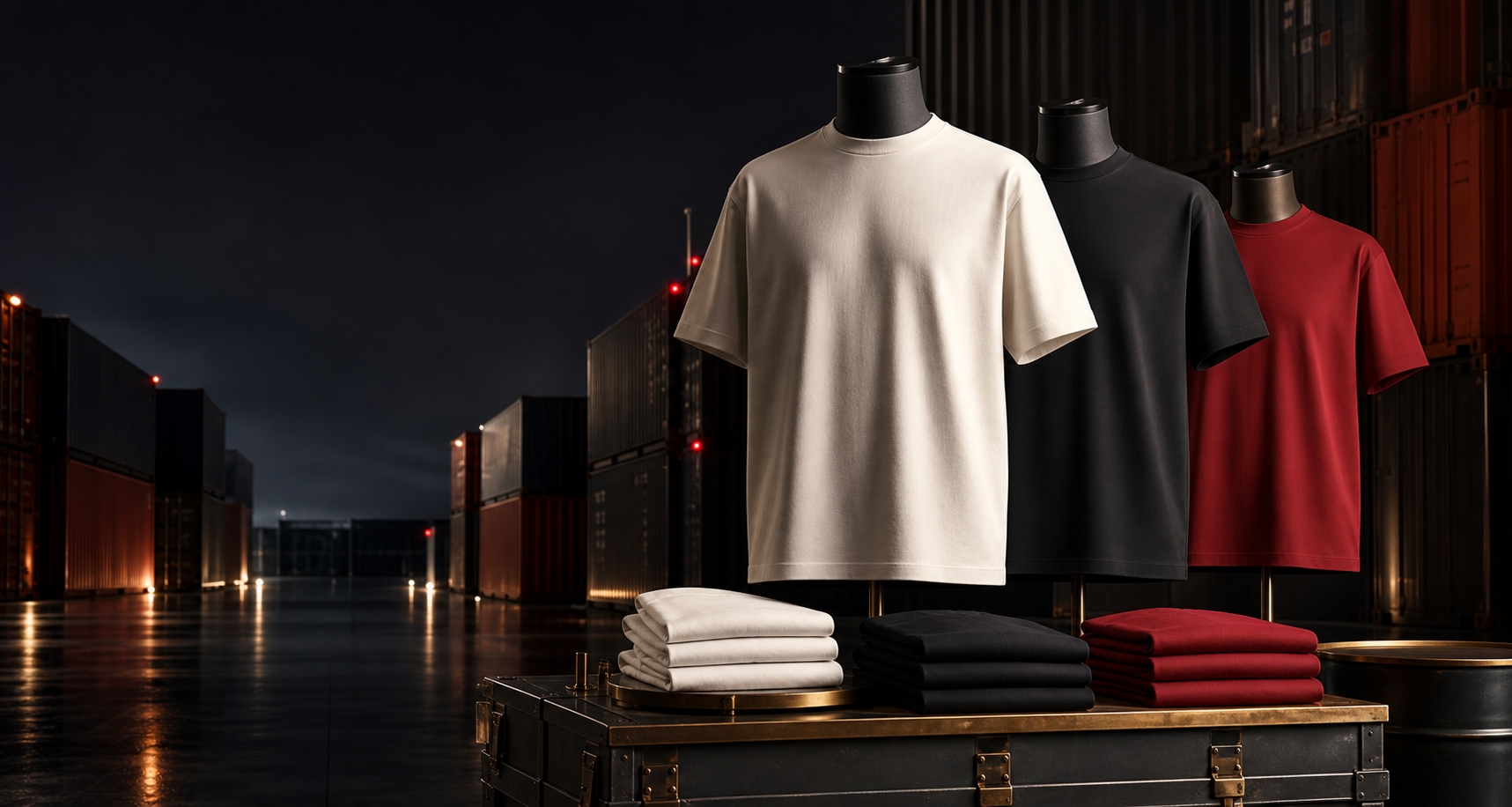 Premium t-shirts displayed in a luxury shipping yard